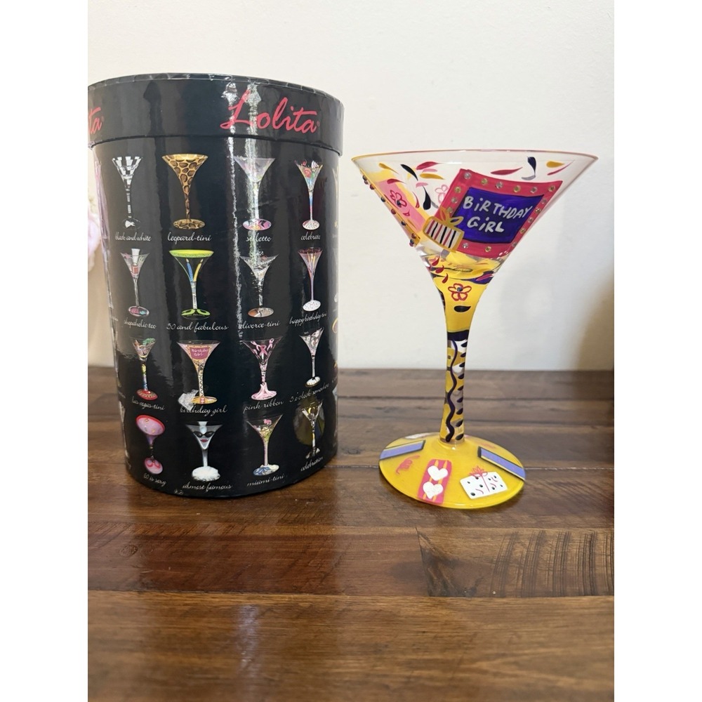 Lolita Birthday Girl Martini Glass Hand Painted W Recipe 7.5 Oz  In Orig Box - Picture 2 of 9